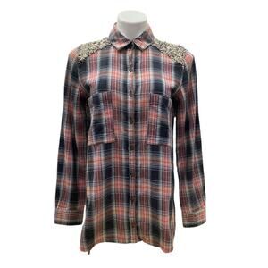 Free People Women’s Shirt Top Size S Flannel Sequins Pockets Red And Blue